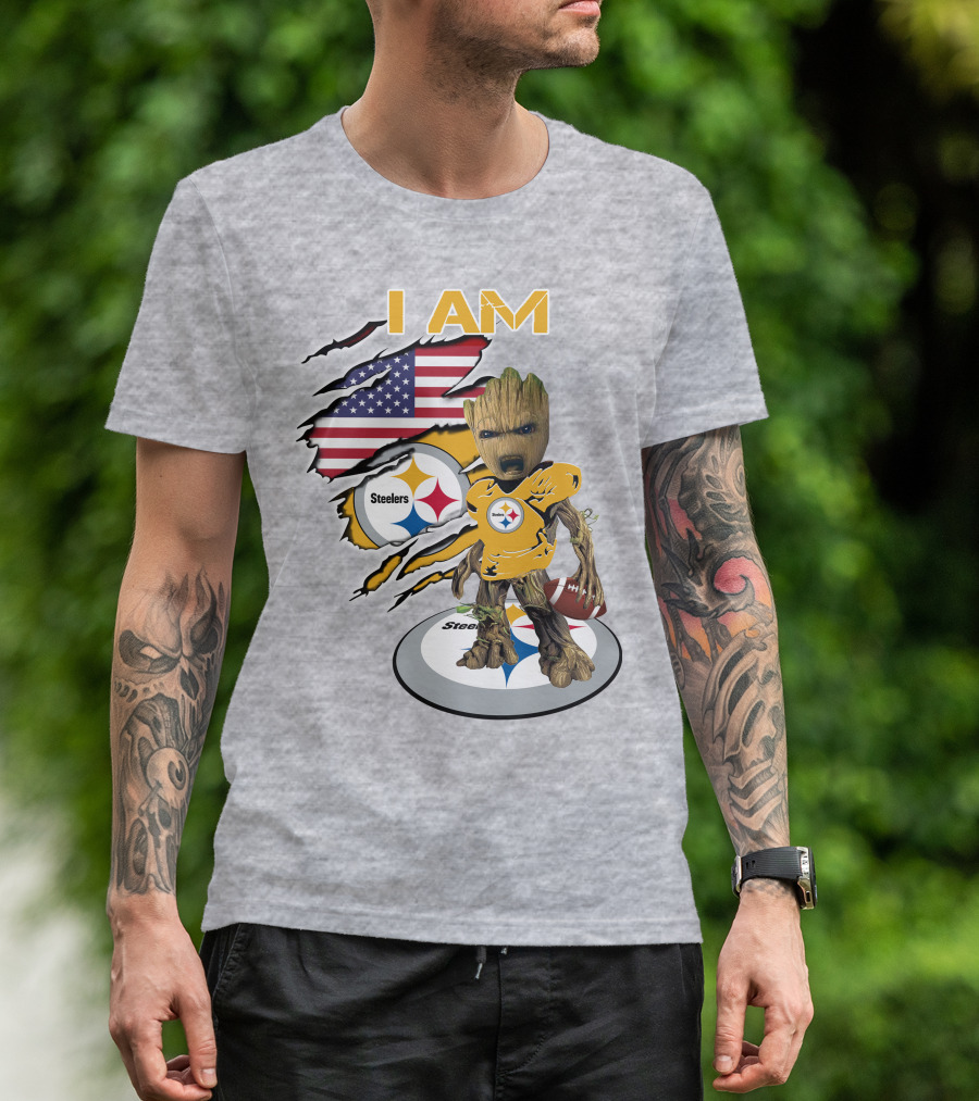 I AM Steelers Baby Groot American Flag Football Fan Gear T-Shirt