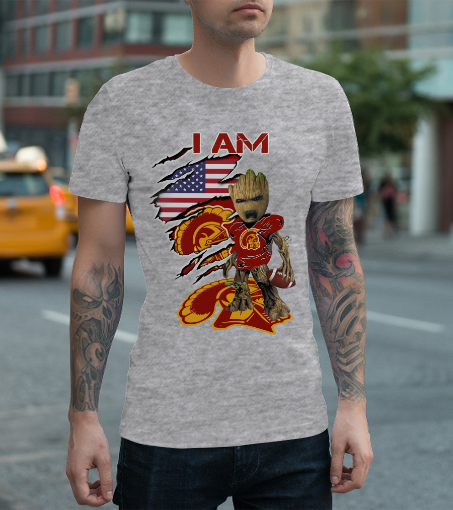 I AM Trojans Baby Groot Football American Flag T-Shirt