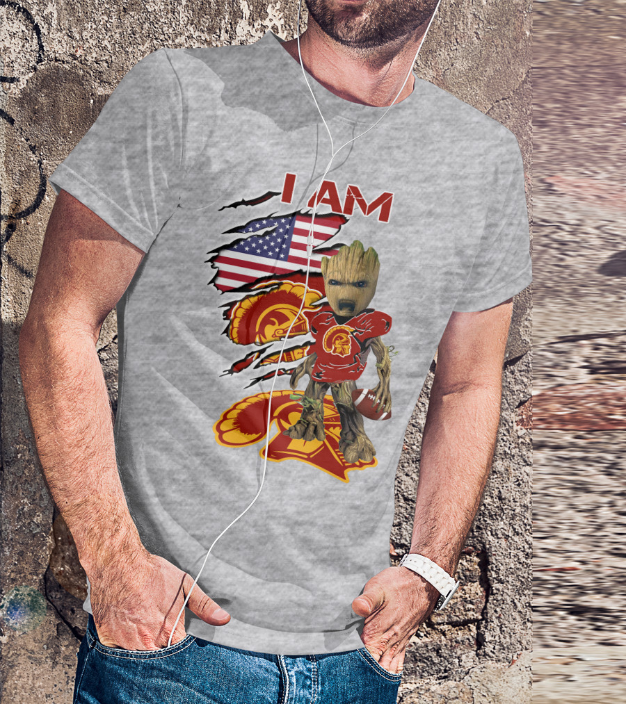 I AM Trojans Baby Groot Football American Flag T-Shirt