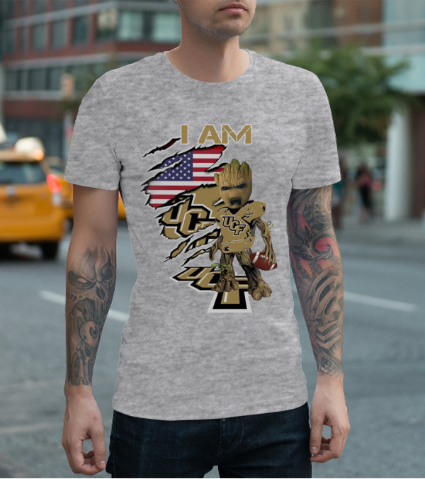 UCF Baby Groot I Am American Flag Football T-Shirt