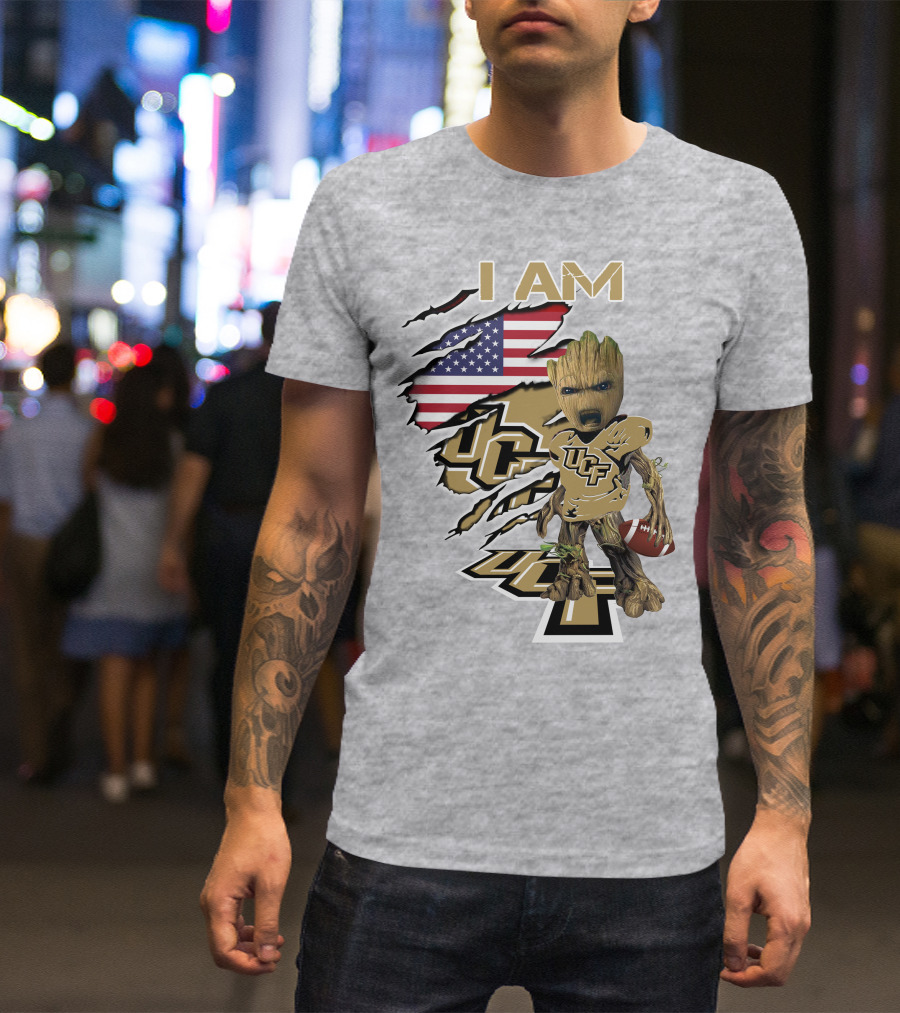 UCF Baby Groot I Am American Flag Football T-Shirt
