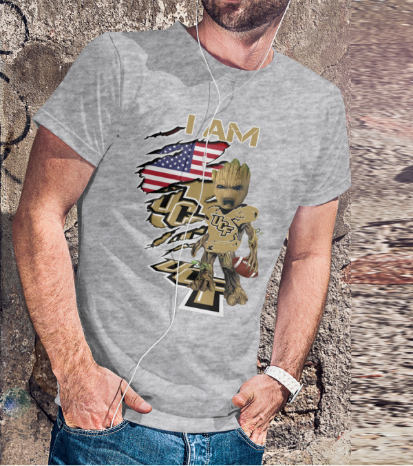 UCF Baby Groot I Am American Flag Football T-Shirt