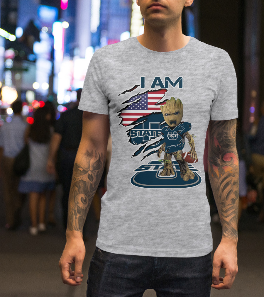 I Am Utah State Baby Groot Football Usa Flag T-Shirt