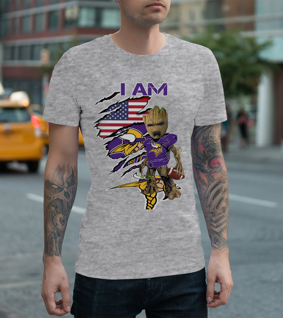 I Am Vikings Baby Groot American Flag Football T-Shirt