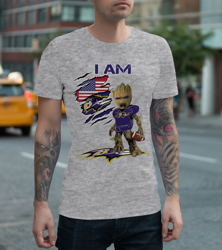 I AM Baltimore Ravens Baby Groot Football USA Flag T-Shirt