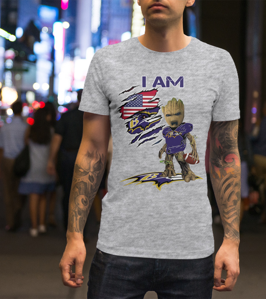 I AM Baltimore Ravens Baby Groot Football USA Flag T-Shirt