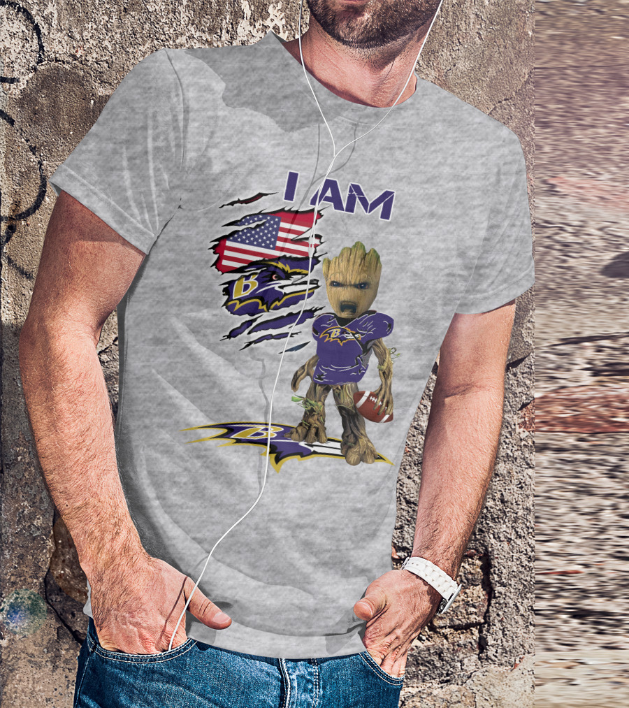 I AM Baltimore Ravens Baby Groot Football USA Flag T-Shirt