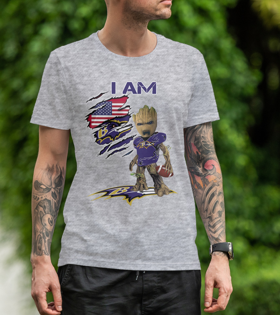 I AM Baltimore Ravens Baby Groot Football USA Flag T-Shirt