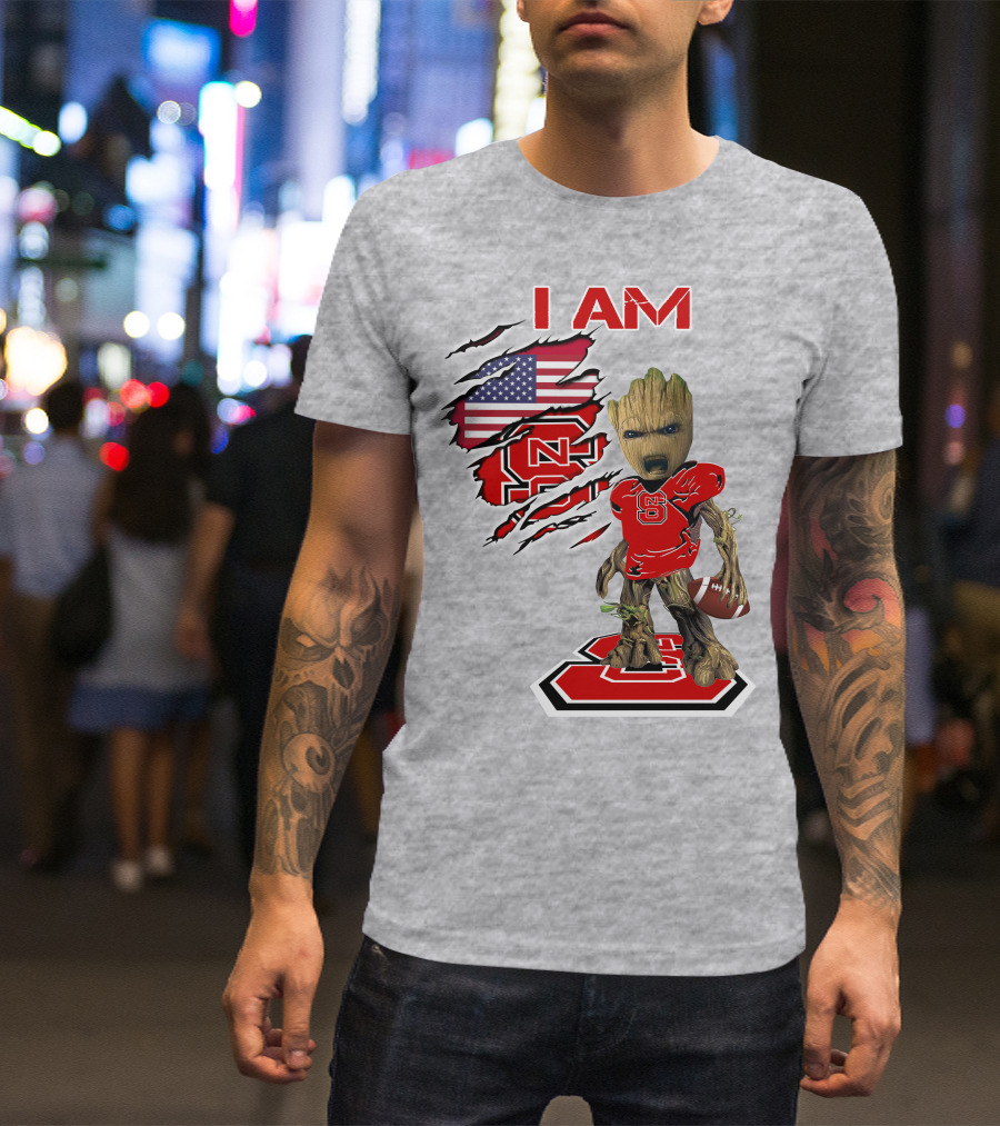 I Am NC State Baby Groot Football USA Flag T-Shirt