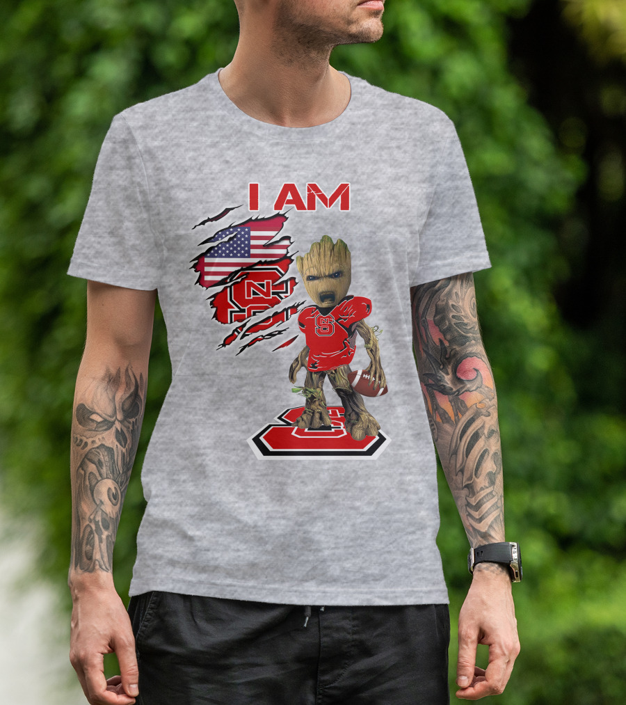 I Am NC State Baby Groot Football USA Flag T-Shirt