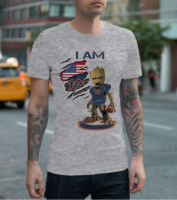 I Am Auburn Baby Groot Football Usa Flag T-Shirt