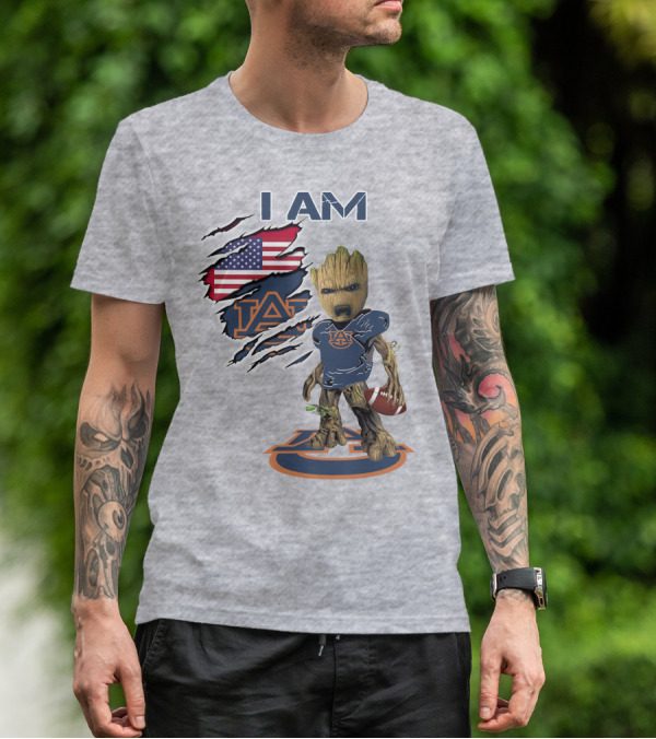 I Am Auburn Baby Groot Football Usa Flag T-Shirt