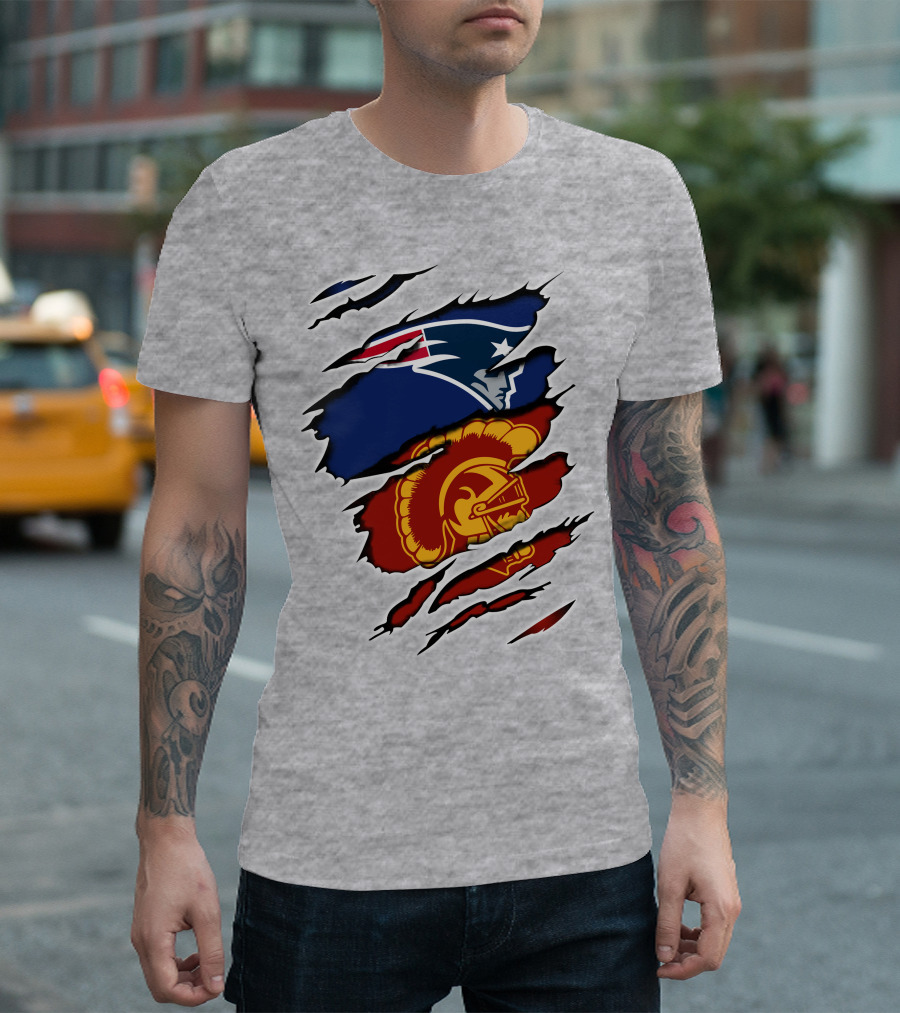 Patriots Trojans Ripped Dual Logo Fusion T-Shirt