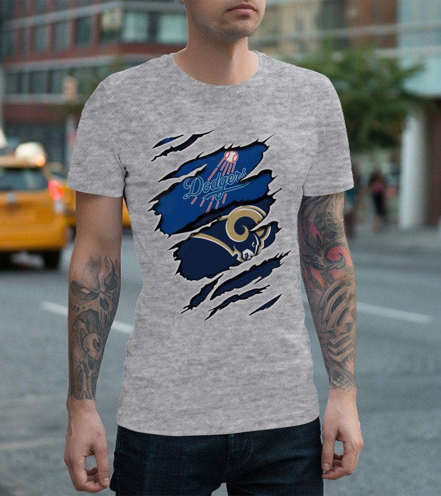 Dodgers Rams Baseball and Football Team Crossover Claw Marks T-Shirt