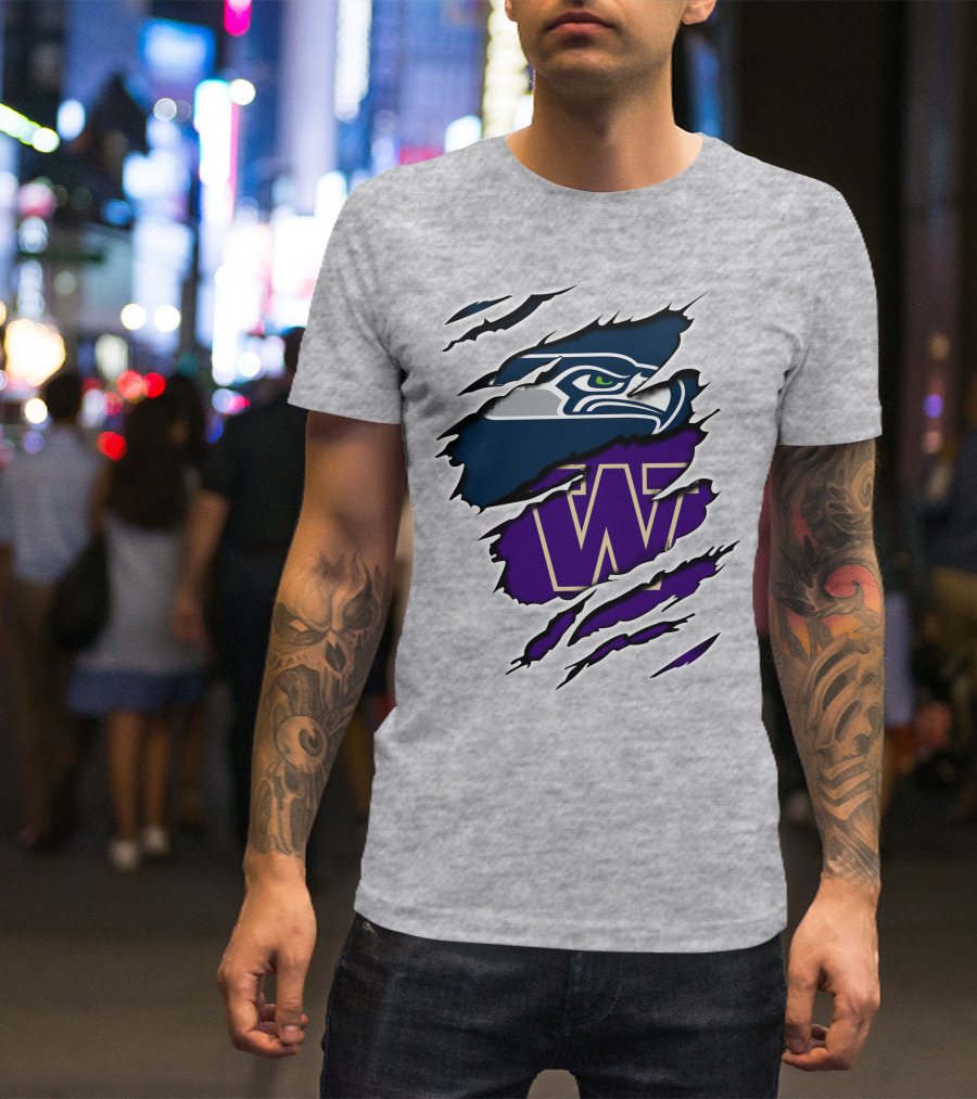 Seahawks Huskies Logo Fusion Nfl College Football Fan Gear T-Shirt