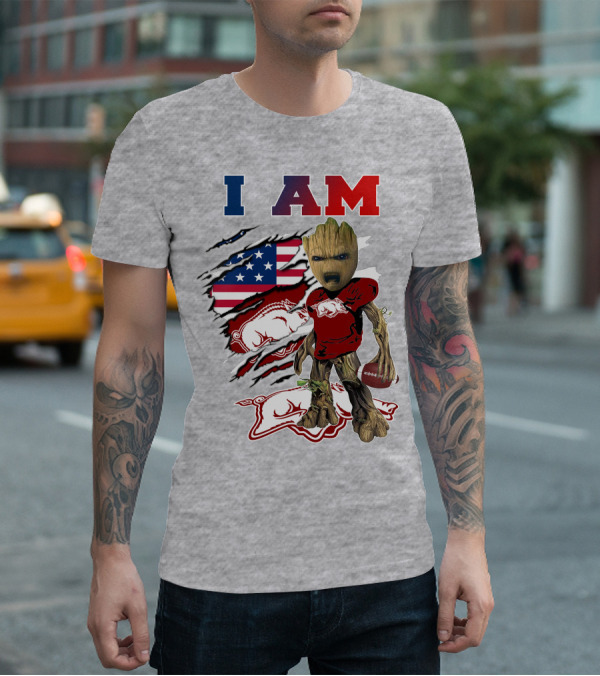 I Am Groot Arkansas Razorbacks Football American Flag T-Shirt