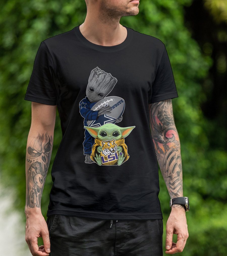 Cowboys Football Groot And Lsu Yoda With Football And Tiger T-Shirt
