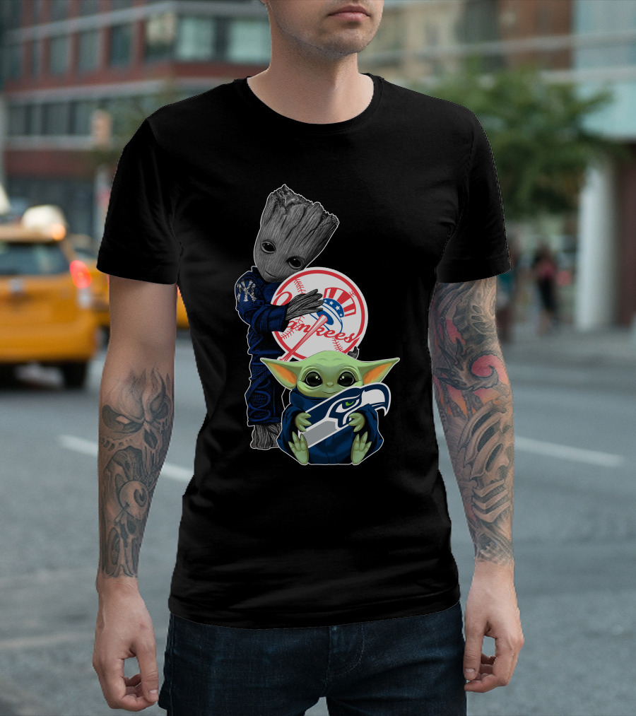 Yankees Baby Yoda With Seahawks And Guardians Of The Galaxy Groot T-Shirt