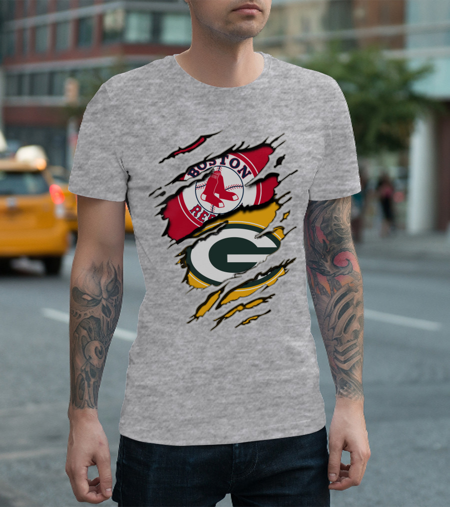 Boston Red Sox And Green Bay Packers Logo Torn T-Shirt