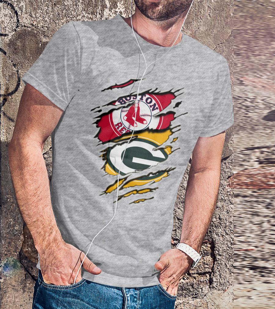 Boston Red Sox And Green Bay Packers Logo Torn T-Shirt