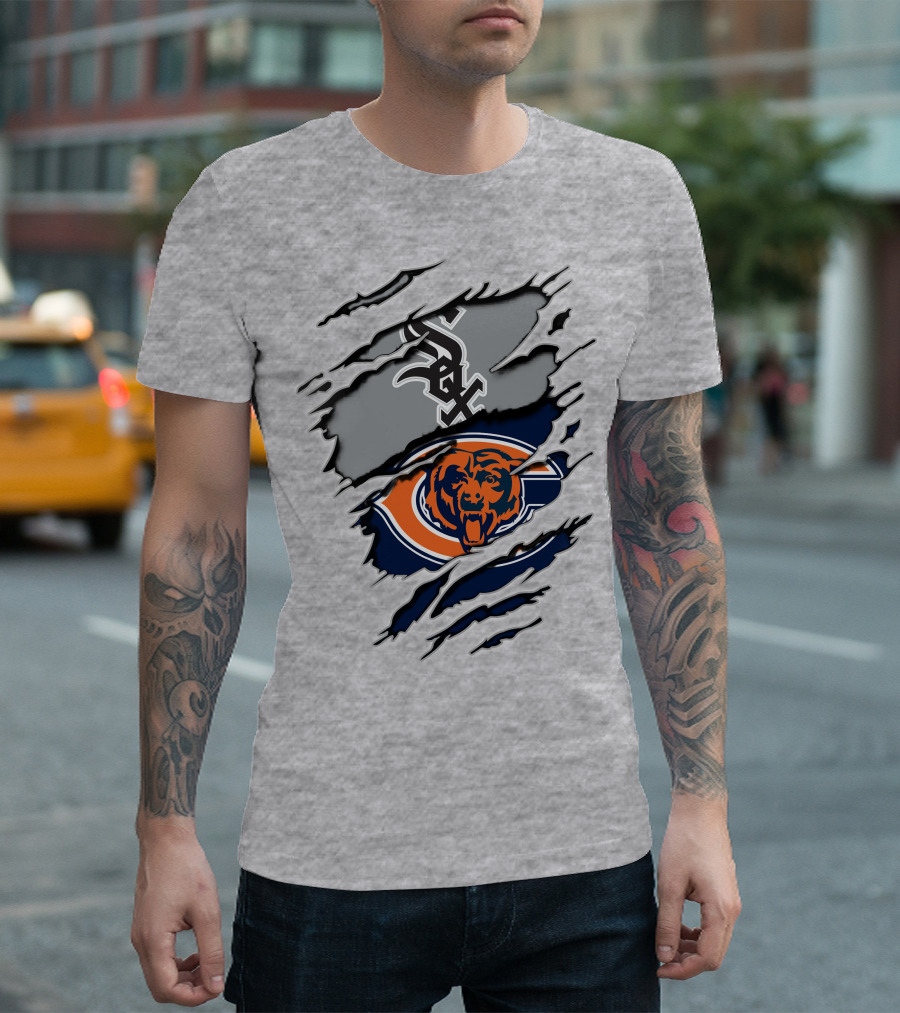 Chicago Bears White Sox Logos Ripped Torn Claw Marks T-Shirt
