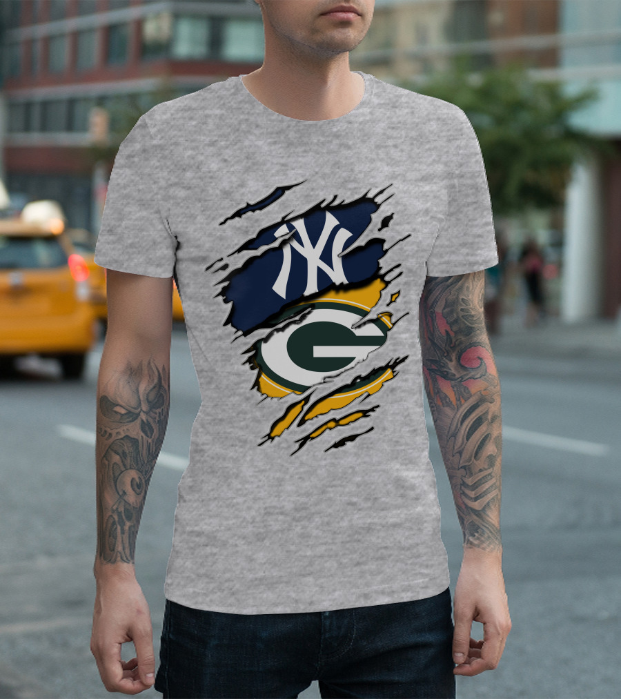 Packers Yankees Dual Logo Fusion with Ripped Effect T-Shirt