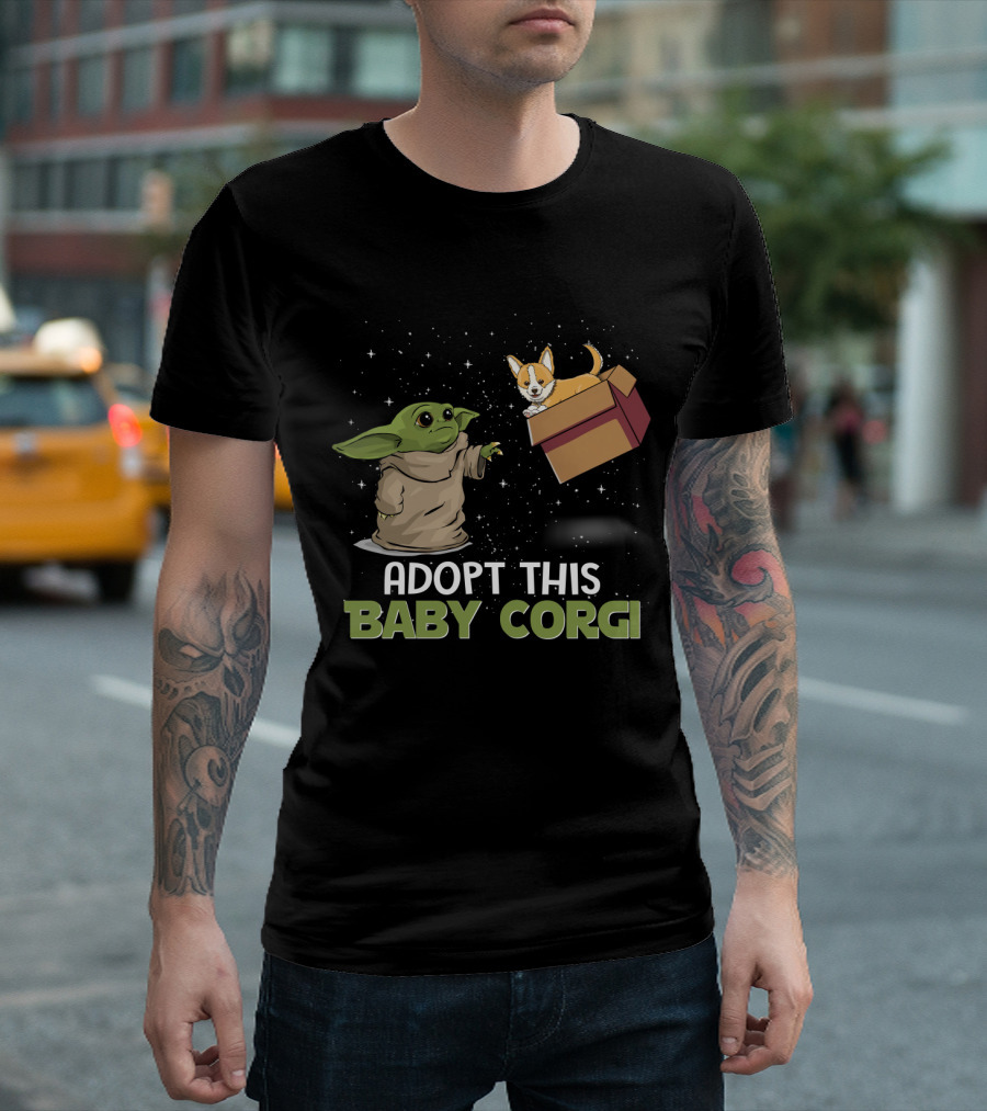 Adopt This Baby Corgi Starry Scene with Green-Eared Figure T-Shirt