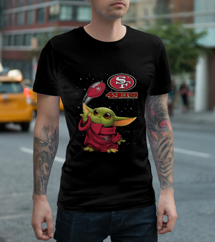 Baby Yoda Throwing San Francisco 49ers Football with SF Logo and Stars T-Shirt