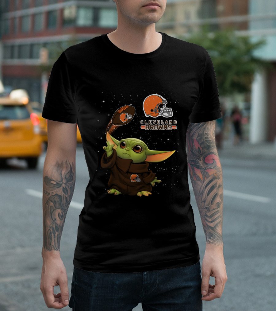 Baby Yoda Cleveland Browns Football Helmet Starry Night T-Shirt