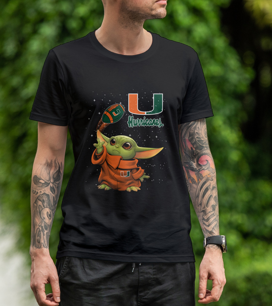 Baby Yoda Miami Hurricanes U Logo Football Starry Background T-Shirt