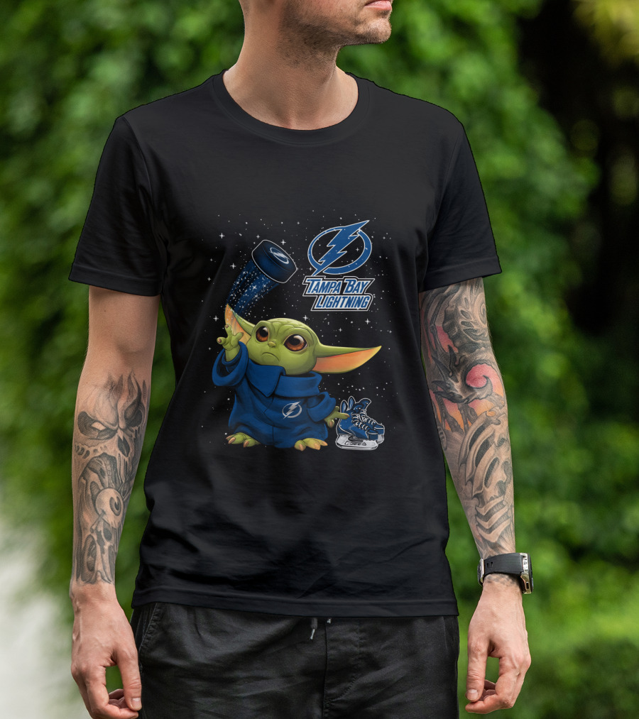 Baby Yoda Tampa Bay Lightning Hockey Fan Art Grogu Jedi Force Skating Puck T-Shirt