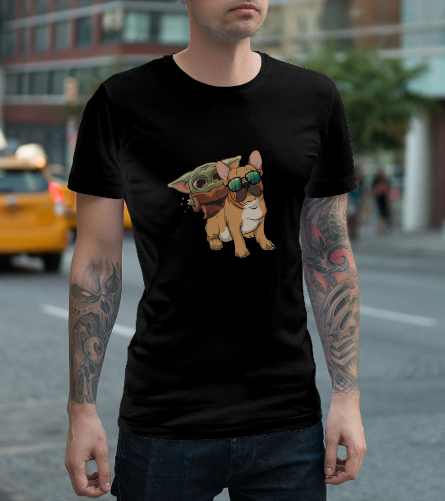 Bulldog Riding With Baby Alien In Sunglasses T-Shirt