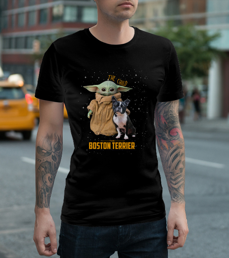 The Child Baby Yoda and Boston Terrier Duo in Space T-Shirt