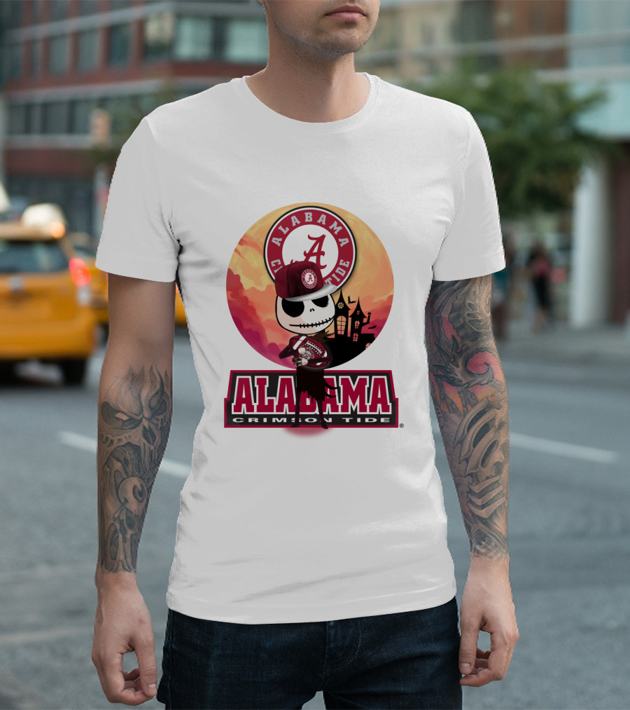 Alabama Crimson Tide Skeleton Character Holding Football In Front Of Haunted House T-Shirt