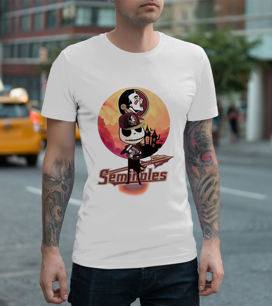 Seminoles Skeleton Character With Florida State Logo And Haunted House Scene T-Shirt