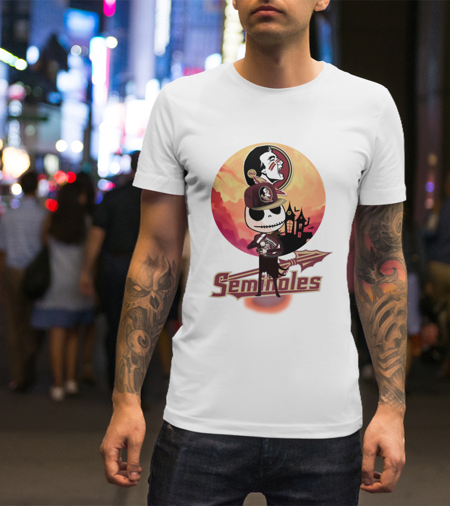 Seminoles Skeleton Character With Florida State Logo And Haunted House Scene T-Shirt