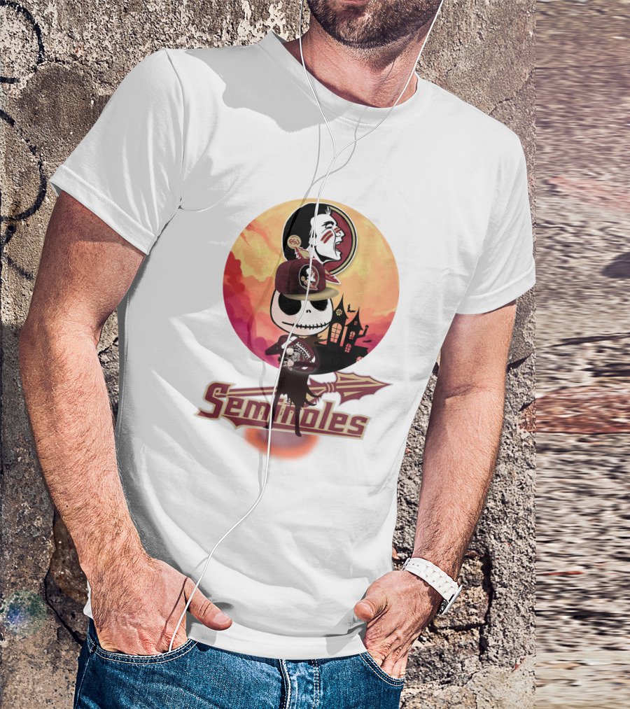 Seminoles Skeleton Character With Florida State Logo And Haunted House Scene T-Shirt