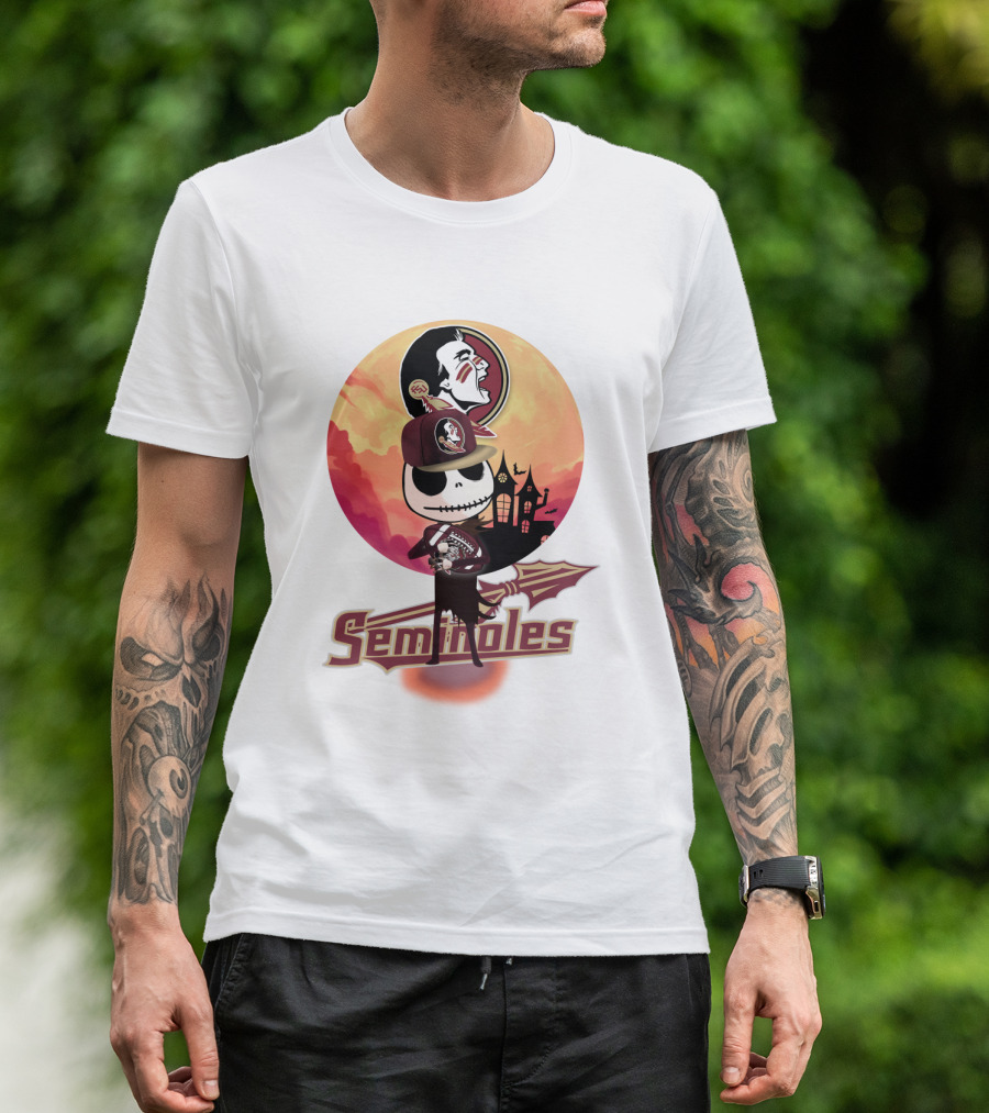 Seminoles Skeleton Character With Florida State Logo And Haunted House Scene T-Shirt