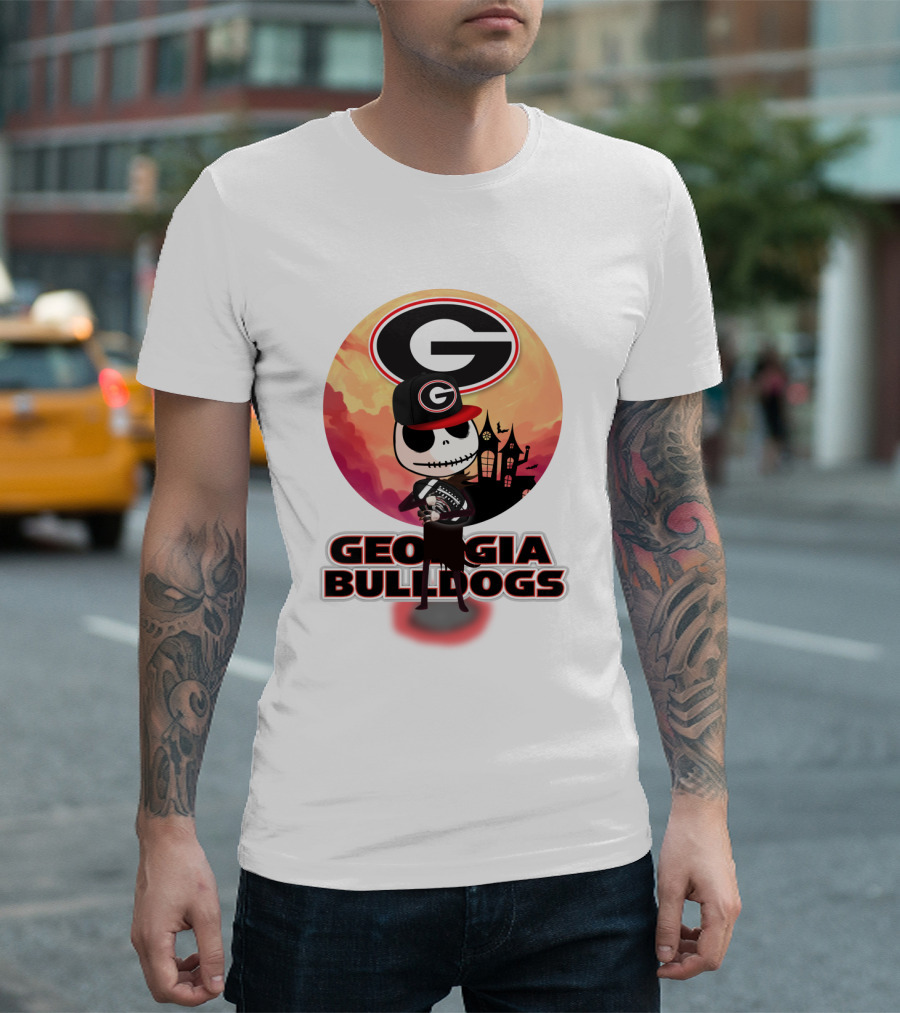 Georgia Bulldogs Skull And Football Scene With Gothic Castle T-Shirt