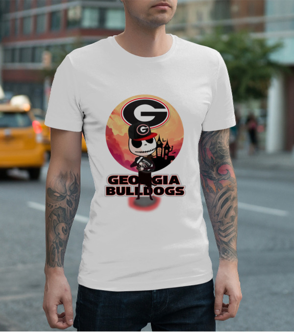 Georgia Bulldogs Skull And Football Scene With Gothic Castle T-Shirt