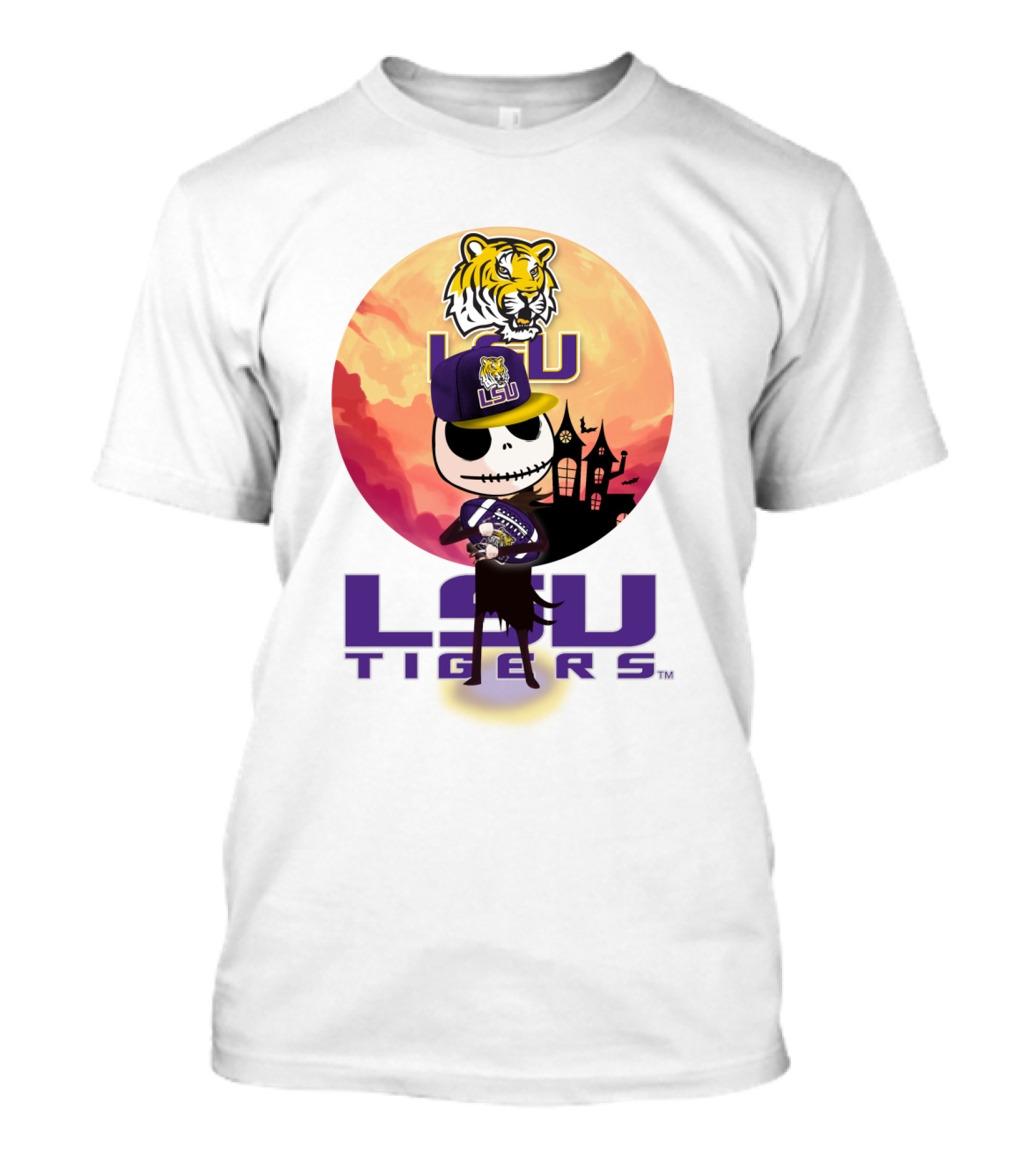 Lsu Tigers Halloween Skeleton In Hat With Tiger And Haunted House T-Shirt