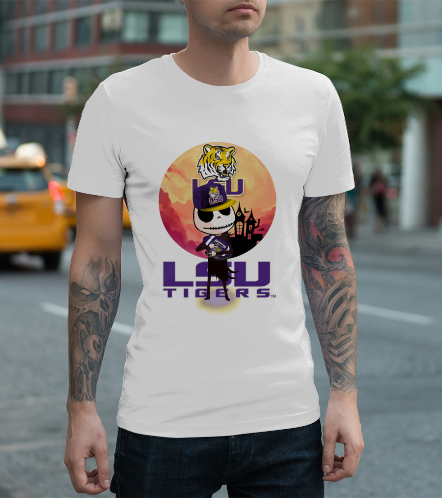 Lsu Tigers Halloween Skeleton In Hat With Tiger And Haunted House T-Shirt