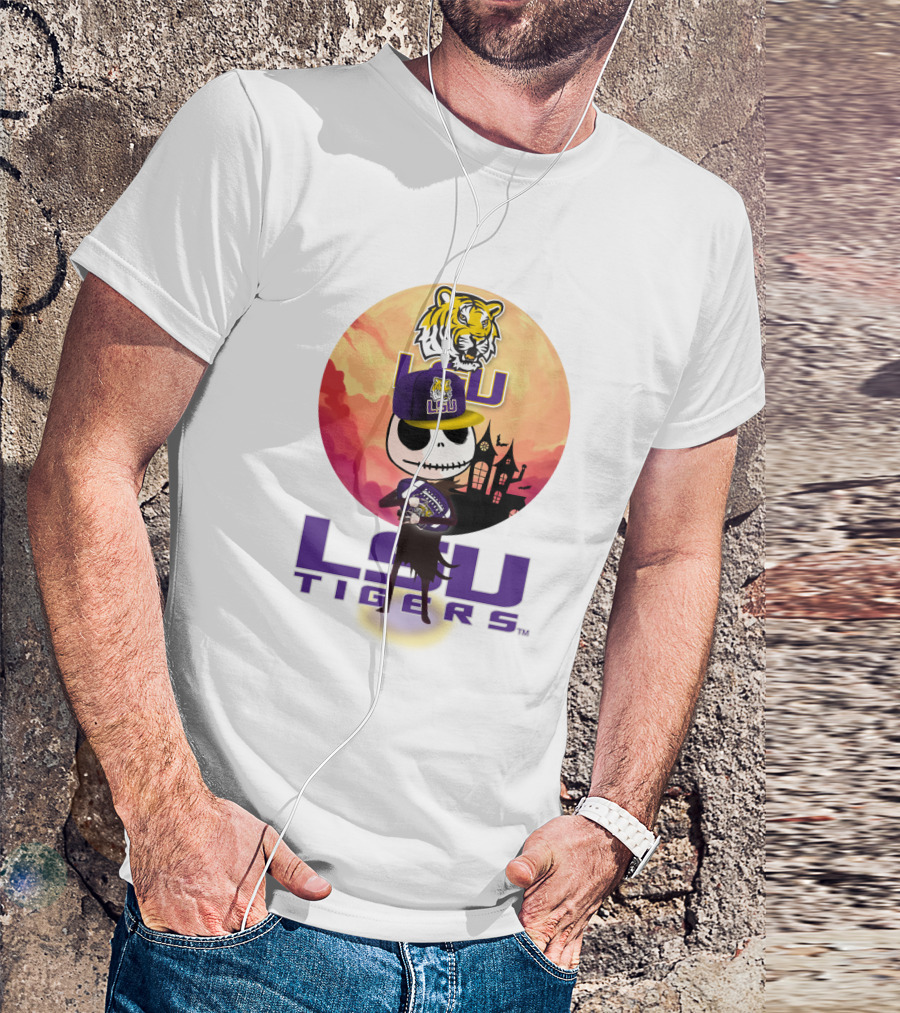 Lsu Tigers Halloween Skeleton In Hat With Tiger And Haunted House T-Shirt