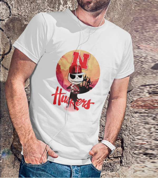 Nebraska Huskers Skeleton Character Halloween Football Scene T-Shirt