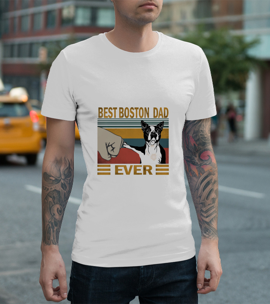 Best Boston Dad Ever Retro Style Fist Bump With Boston Terrier T-Shirt