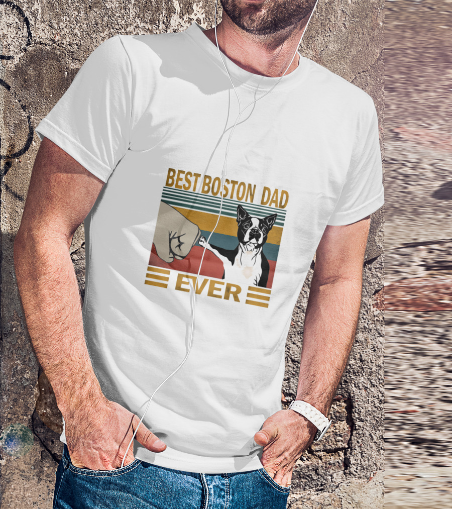 Best Boston Dad Ever Retro Style Fist Bump With Boston Terrier T-Shirt