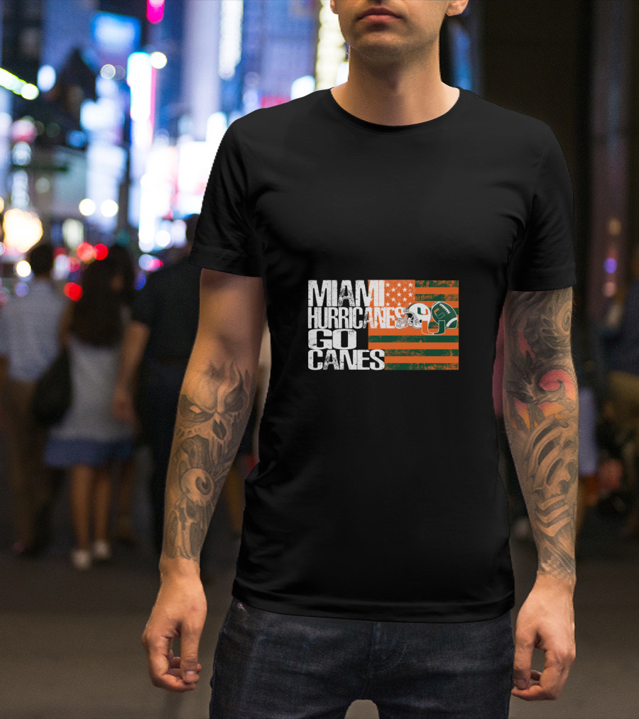 Miami Hurricanes Go Canes American Flag Football Helmets T-Shirt