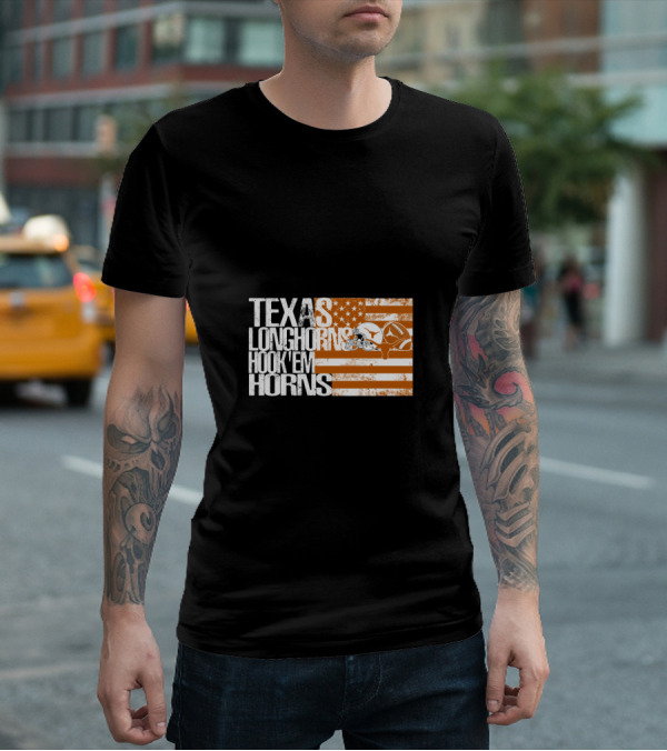 Texas Longhorns Hook 'Em Horns American Flag Football Helmet T-Shirt