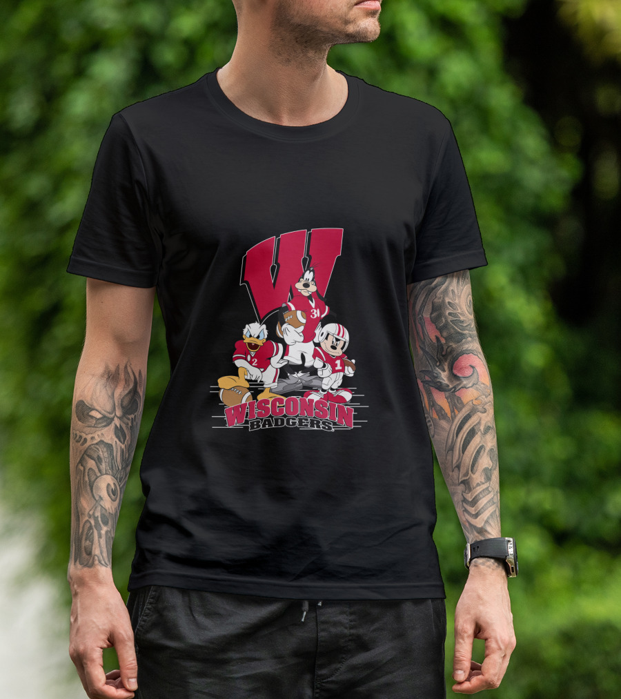 Wisconsin Badgers Donald Duck Goofy Mickey Mouse Football T-Shirt