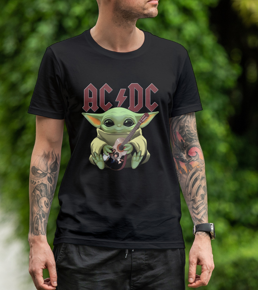 ACDC YODA Playing Guitar Grogu Mashup T-Shirt